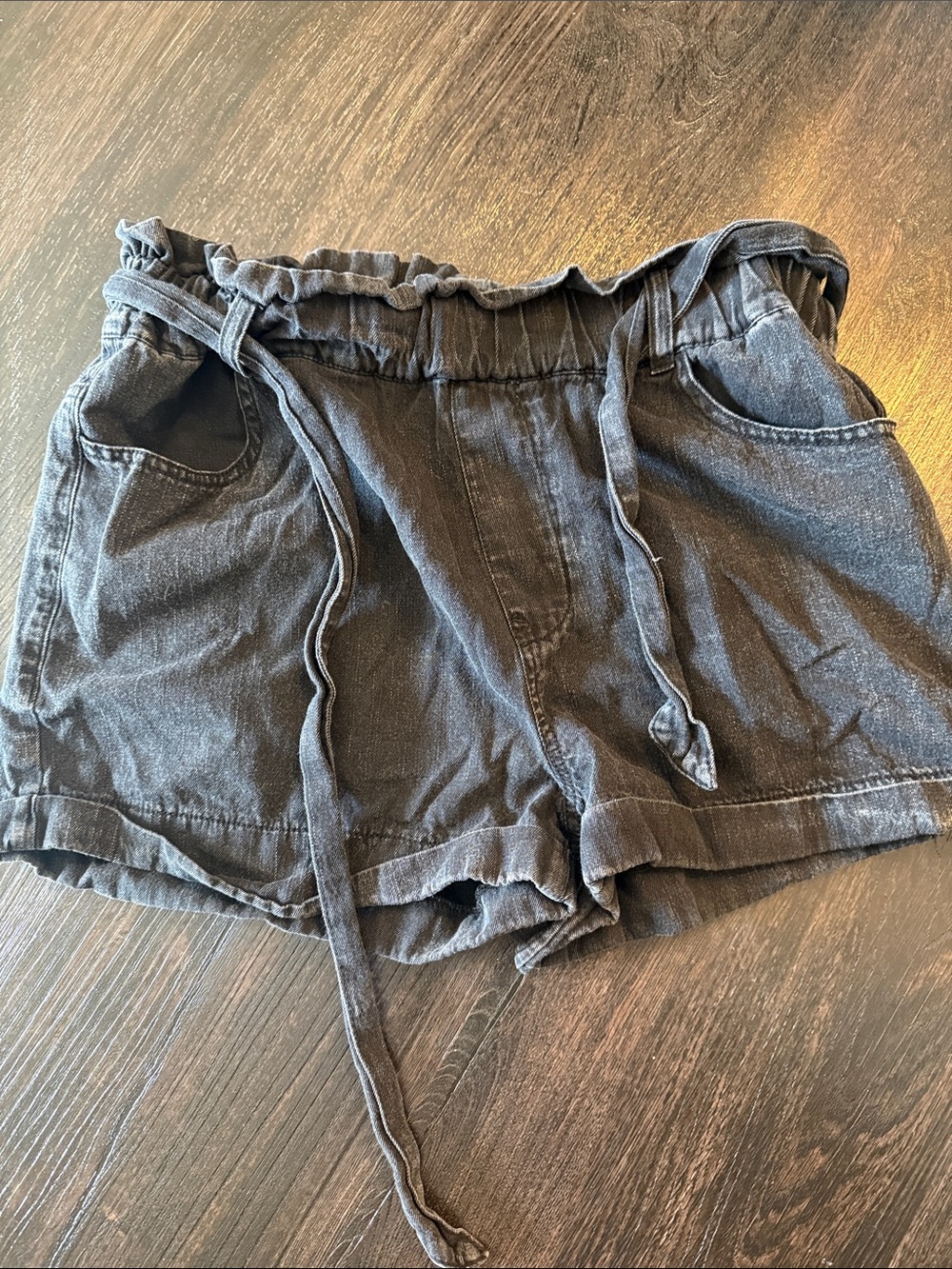 High-Rise Paperbag Shorts with Tie in Charcoal